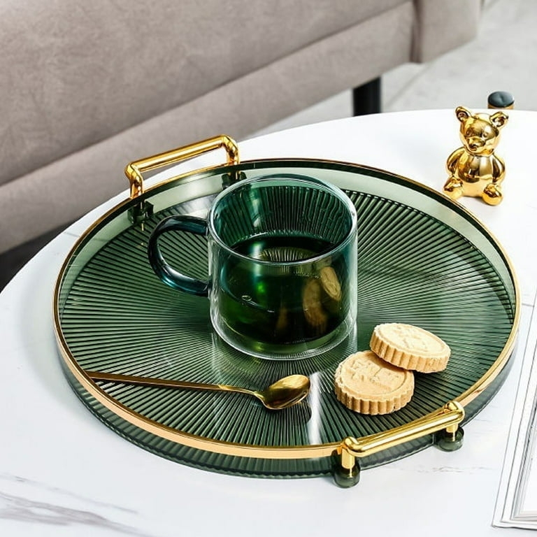 Round Decorative Tray Scalloped Edge Marble Look Interior Gold Handles