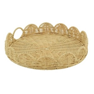 Round Decorative Tray Scalloped Rim Handwoven Wicker Handles Coastal