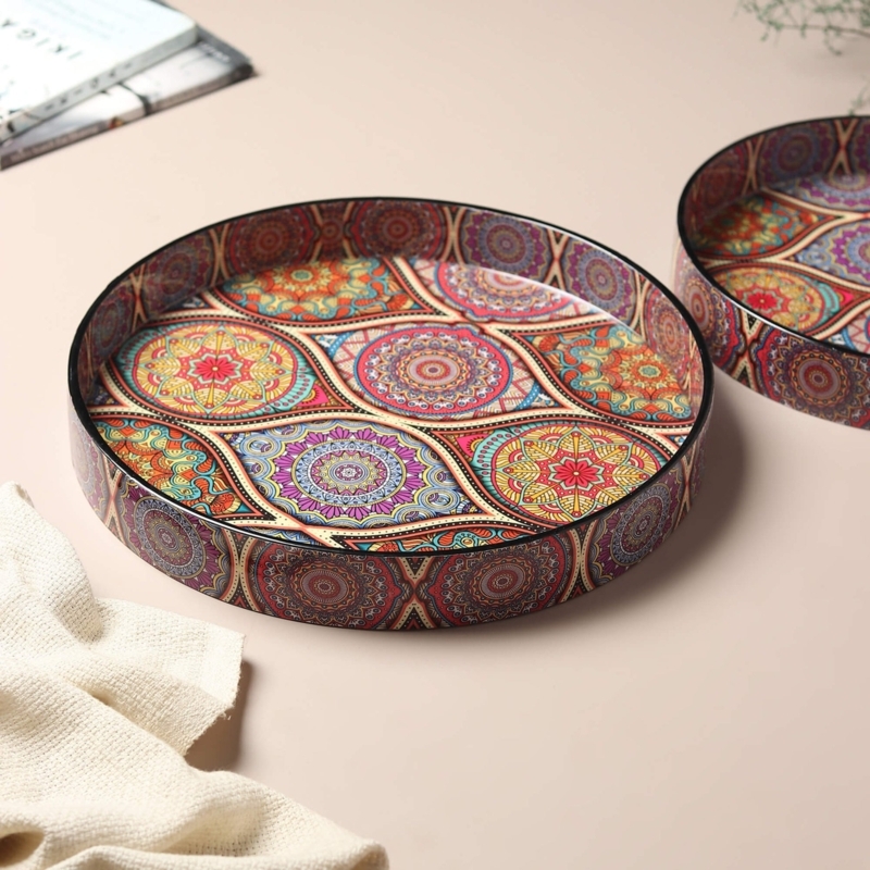 Round Decorative Tray Set with Vibrant Multicolored Geometric Print for Bohemian Decor