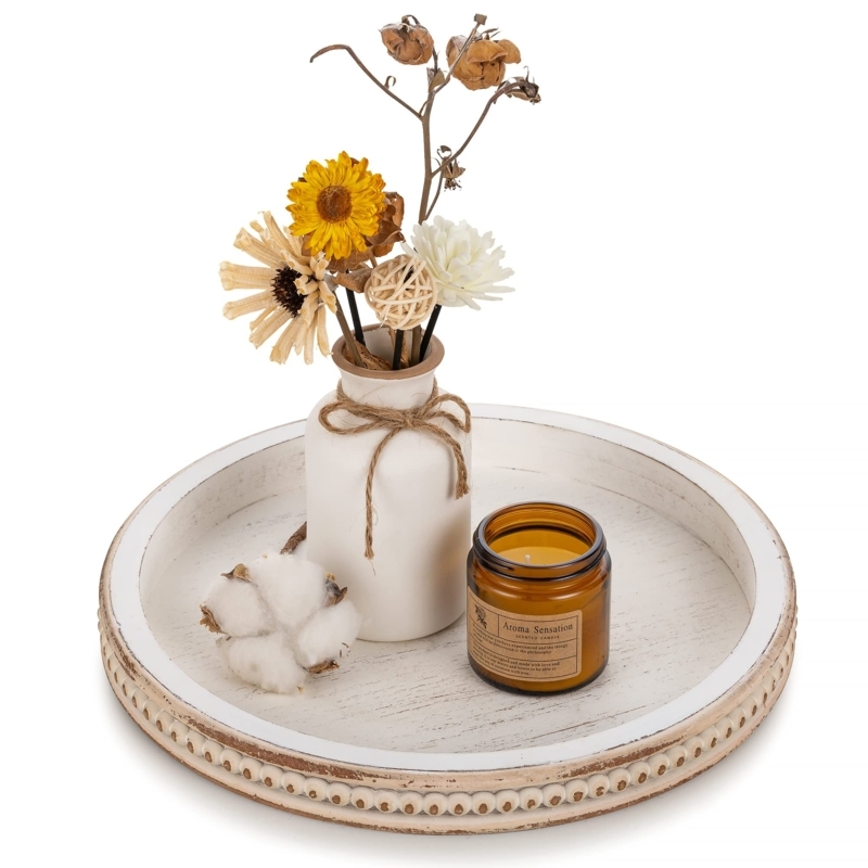 Round Decorative Tray: Shabby Chic Wood Finish with Beaded Rim