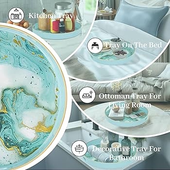 Round Decorative Tray Turquoise Marbled Side Handles Polished Finish