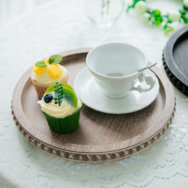 Round Decorative Tray: Weathered Wood with Beaded Rim Farmhouse Styling
