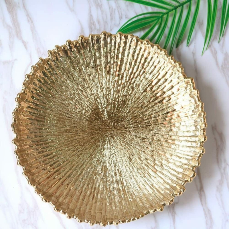 Round Decorative Tray White Marble Veining Gold Rim Elegant Glam
