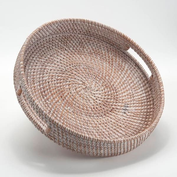 Round Decorative Tray White Rattan Woven Texture Integrated Handles