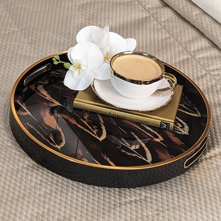 Round Decorative Tray with Art Deco Feather Pattern and Gold Rim