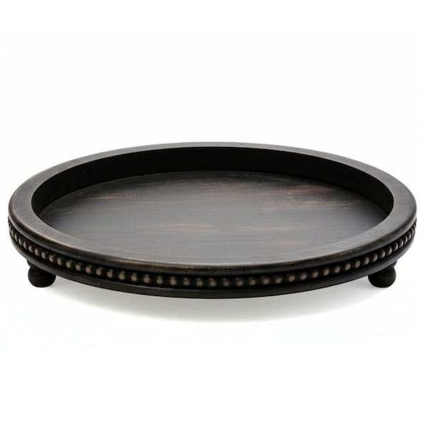Round Decorative Tray with Beaded Rim Accent and Matte Wood Finish