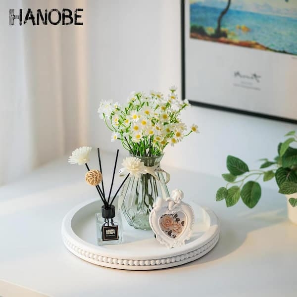 Round Decorative Tray with Beaded Rim, All-White Finish