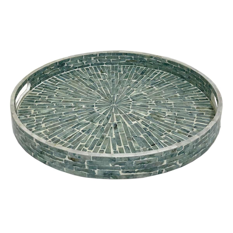 Round Decorative Tray with Blue Capiz Shell Mosaic & Iridescent Finish, a Coastal Centerpiece
