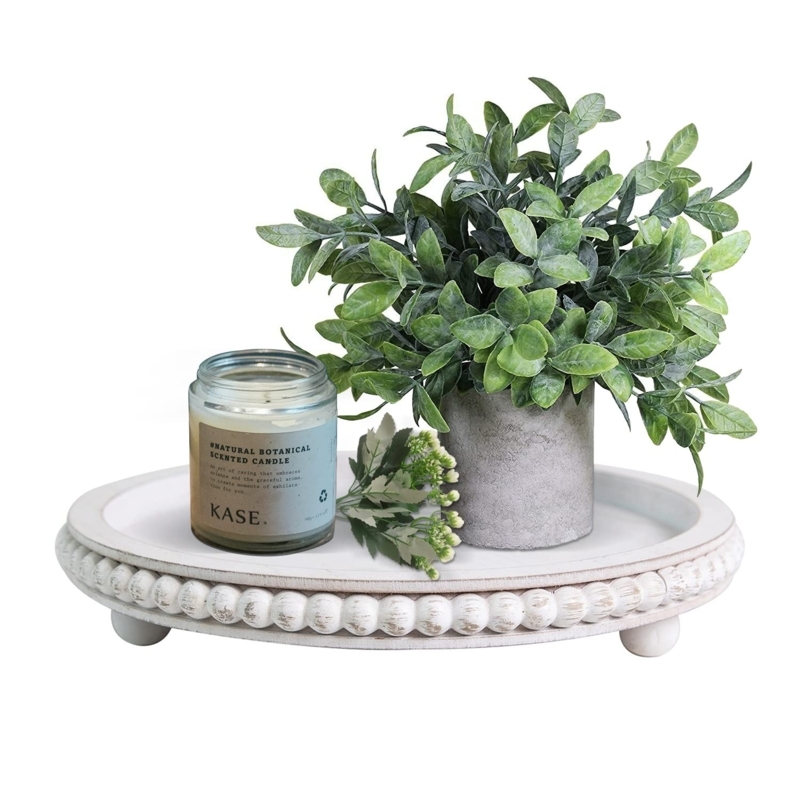 Round Decorative Tray with Distressed Whitewashed Wood Finish
