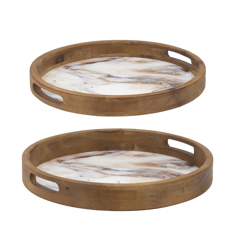 Round Decorative Tray with Marble Effect Base, Brown Wood Frame & Metal Handles for Rustic Modern Decor