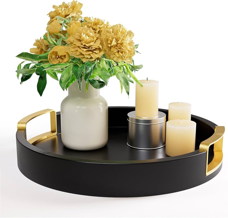 Round Decorative Tray with Matte Black Surface and Gold Metal Handles