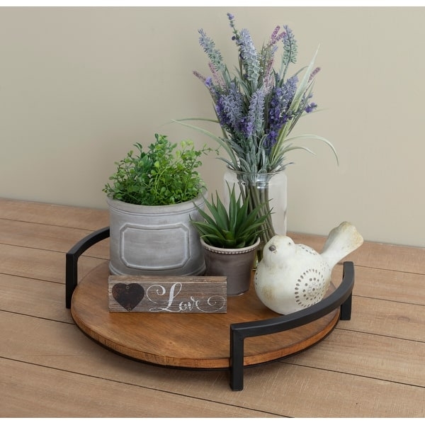 Round Decorative Tray with Rustic Wood Base, Black Metal Frame & Integrated Handles for Industrial Rustic Styling