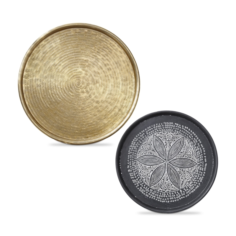 Round Decorative Trays Antique Brass Embossed Mandala Pattern Set