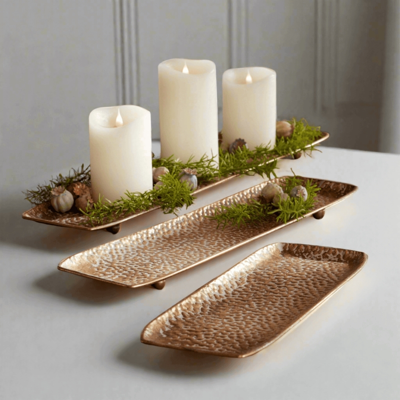 Round Decorative Trays Hammered Metal Graduated Set Raised Edges