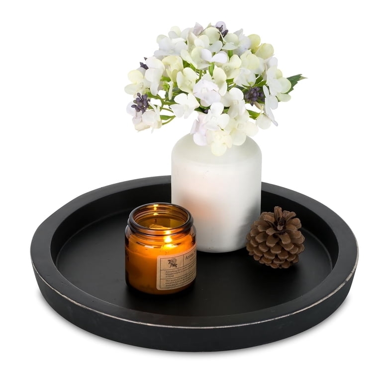 Round Distressed Wood Decorative Tray with Matte Black Finish