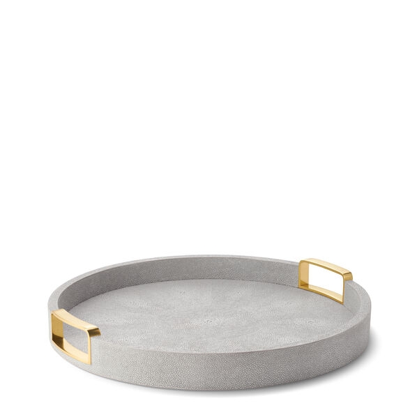 Round Dove Grey Shagreen Decorative Tray with Gold-Toned Rim for Luxury Styling