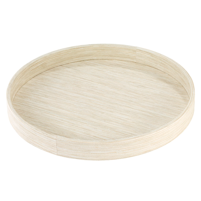Round Ecru Vinyl Decorative Tray with Grasscloth Texture for Organic Modern Decor