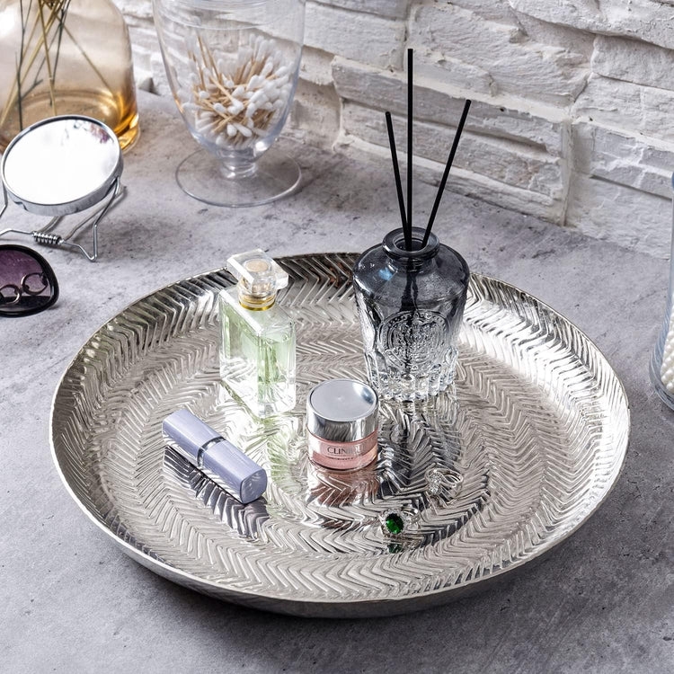Round Etched Design Silver Tone Metal Serving Tray, Decorative Centerp   MyGift