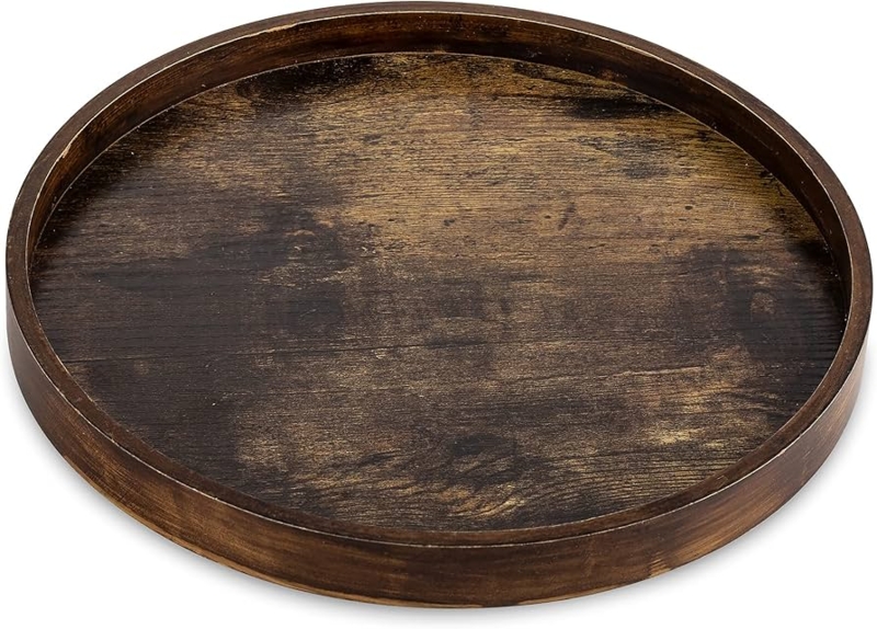 Round Farmhouse Wood Tray for Coffee Table Centerpiece