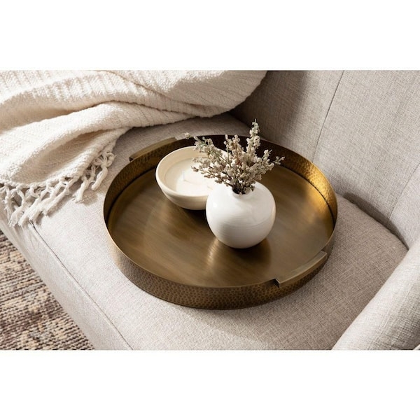 Round Gold Hammered Metal Tray with Handles, Coffee Table Accent