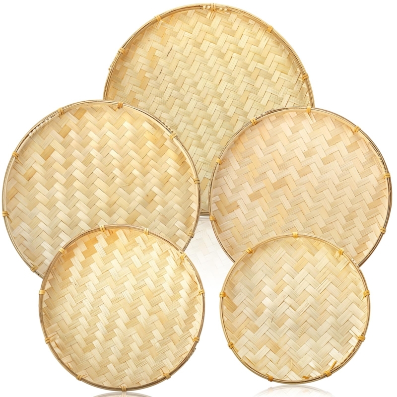 Round Handwoven Bamboo Trays Shallow Profile Set of Five