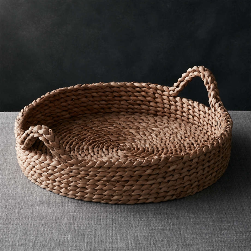 Round Handwoven Natural Fiber Decorative Tray with Integrated Cutout Handles for Coastal Decor