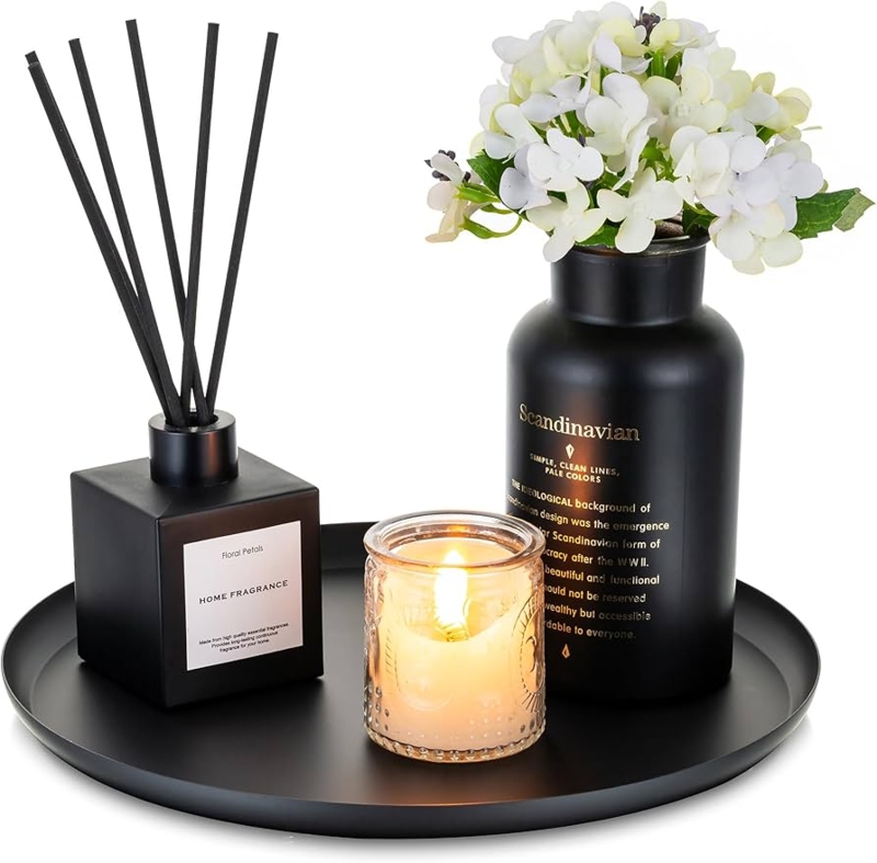 Round Metal Decorative Tray Styled for Minimalist Candle Vignettes