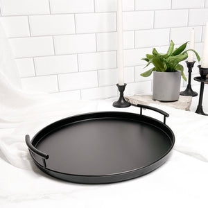 Round Metal Decorative Tray with Loop Handles and Matte Black Finish
