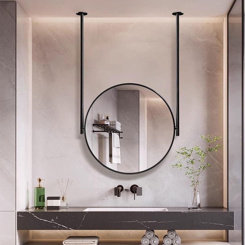 Round Mirror Ceiling Mounted Double Booms Black Metal Industrial Vanity