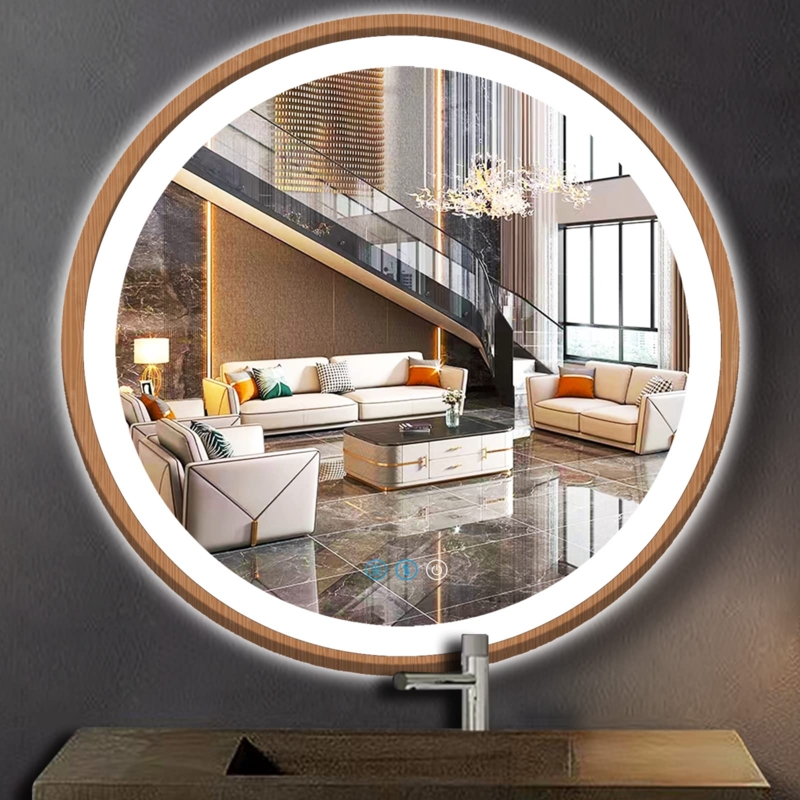 Round Mirror with Backlit Wood Frame and Touch Control for Bathroom