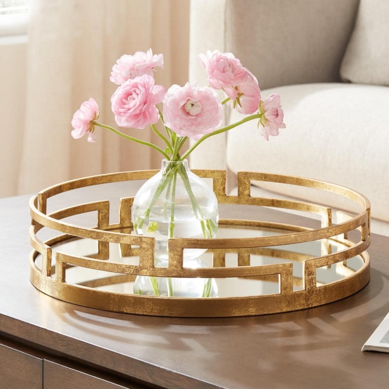 Round Mirrored Decorative Tray Geometric Metal Frame Polished Finish