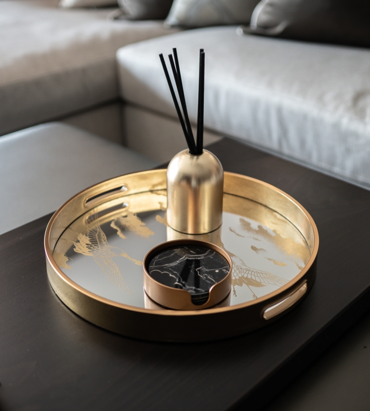 Round Mirrored Decorative Tray with Scalloped Gold Rim for Glam Styling