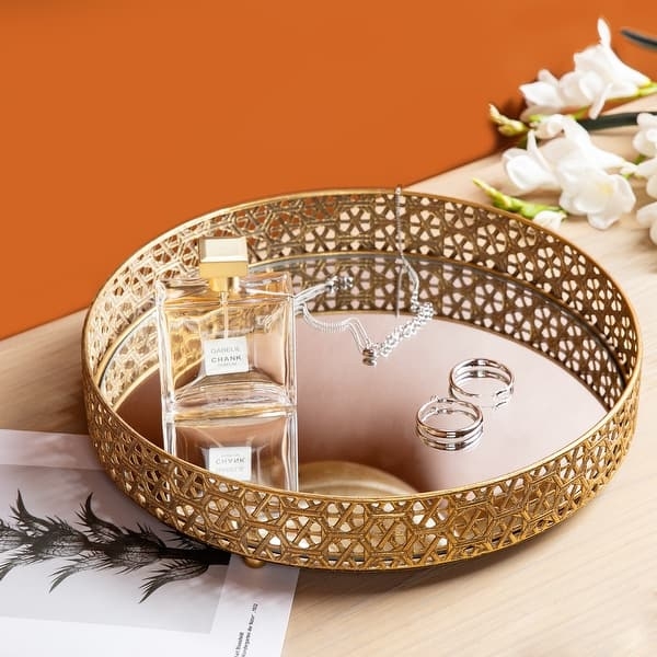 Round Mirrored Trays Hexagonal Wire Sides Nested Set Polished Metal