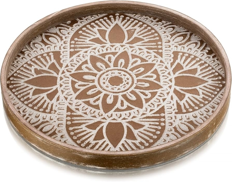 Round Natural Wood Tray with Carved Rim for Boho Farmhouse Decor