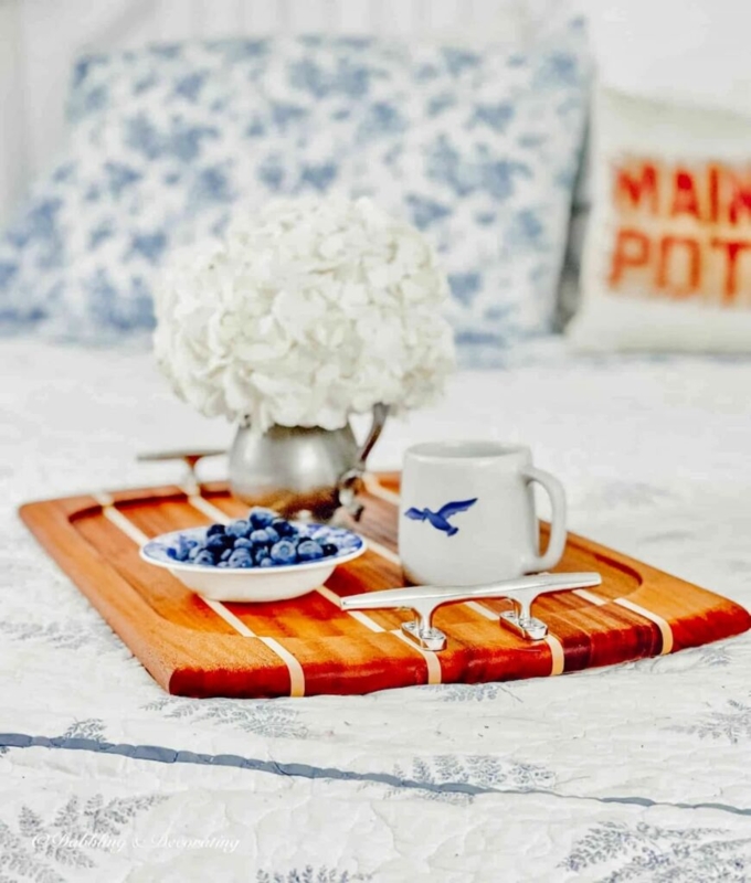 Round Nautical Serving Tray Rope Handles Navy White Striped Coastal Decor