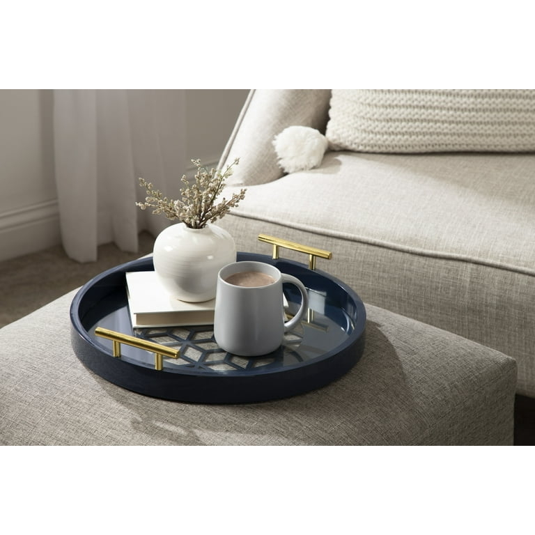 Round Navy Blue Tray with Polished Handles, Glam Ottoman Serving Tray