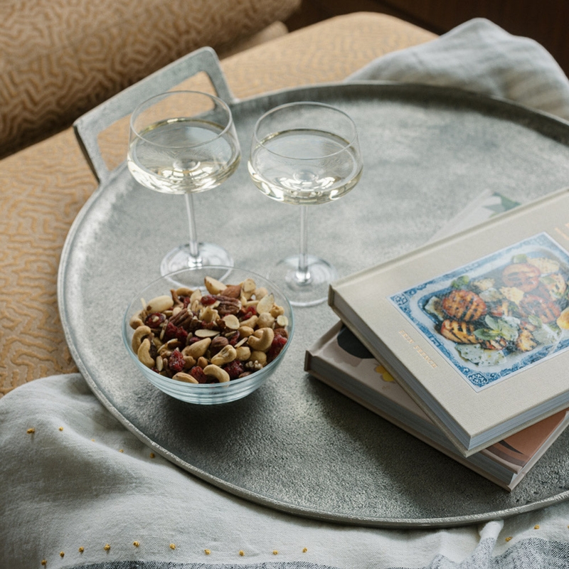 Round Serving Tray Aluminum with Embossed Radial Design