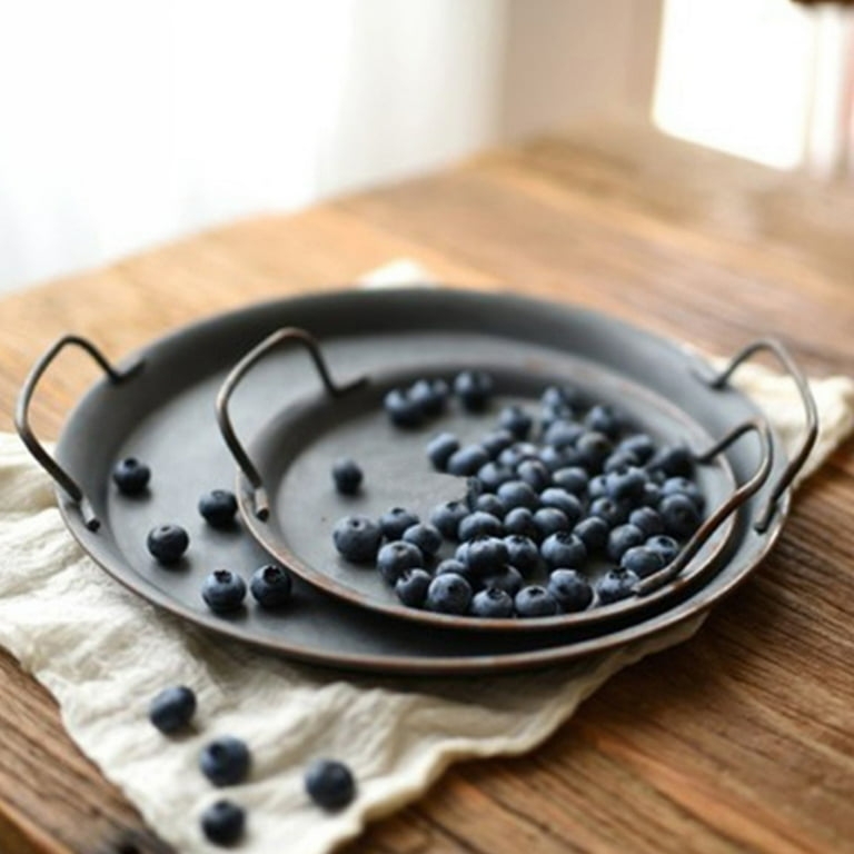 Round Serving Tray Galvanized Metal Dual Loop Handles Vintage Style