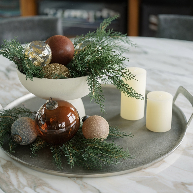 Round Serving Tray Hammered Aluminum with Polished Rim Feature