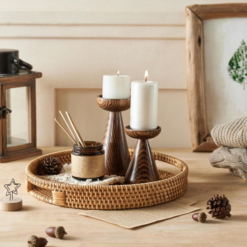 Round Serving Tray Hand Woven Rattan Natural Fiber Circular Decor
