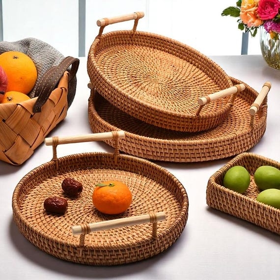 Round Serving Tray High Sides Deep Woven Rattan Rustic Bread Basket