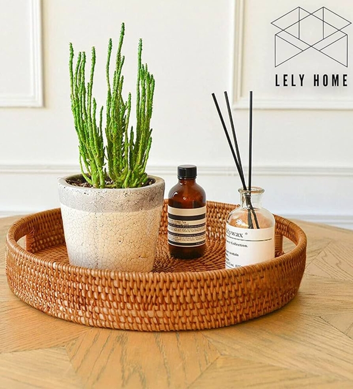 Round Serving Tray Integrated Handles Woven Rattan Ottoman Decor