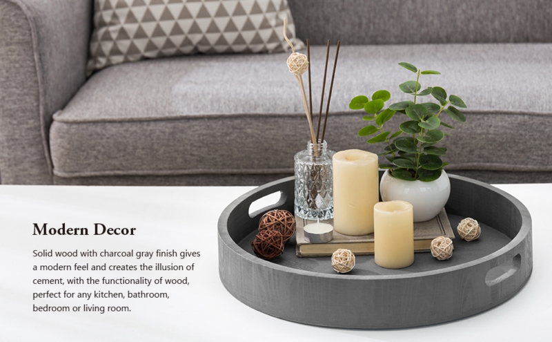 Round Serving Tray Set: Charcoal Wood Nesting, Integrated Handles