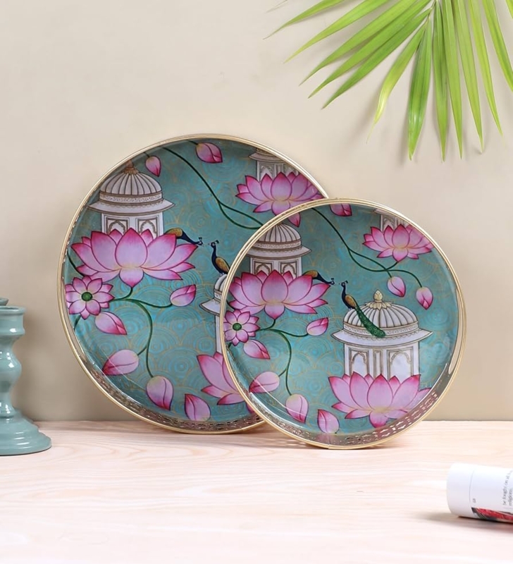 Round Serving Tray Set Pichwai Artwork Lotus Centerpiece Gold Rim