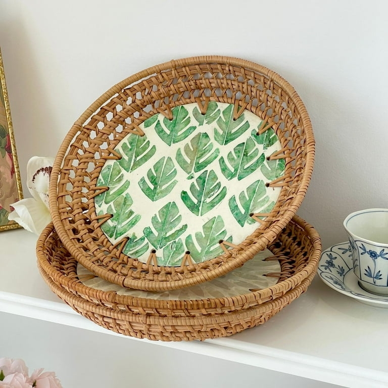 Round Serving Tray Spiral Weave Integrated Handles Handcrafted