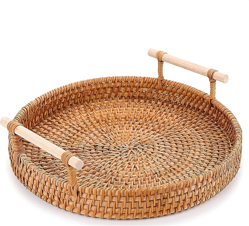 Round Serving Tray Strong Base Handwoven Wicker Rustic Cottage Decor