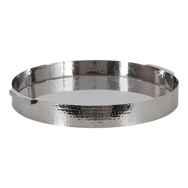Round Silver Hammered Metal Tray, Polished Textured Ottoman Decor