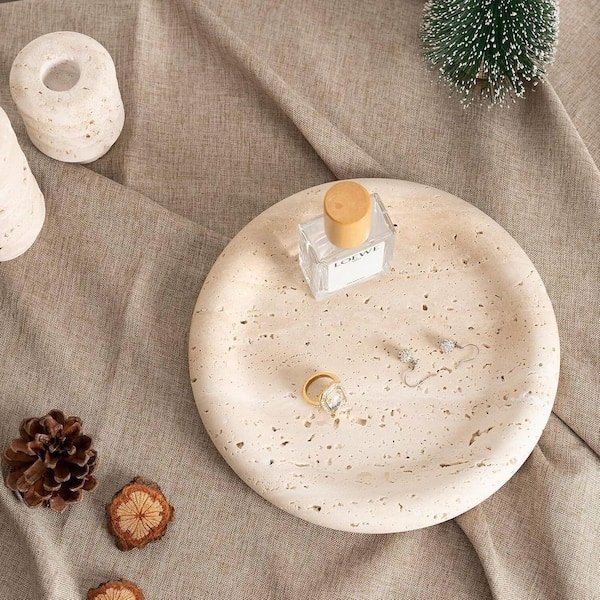 Round Stone Tray Marble Natural Veining Polished Finish Elegant