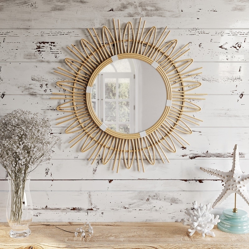 Round Sunburst Mirror with Gold Ball Tipped Rays, Boho Glam Decor