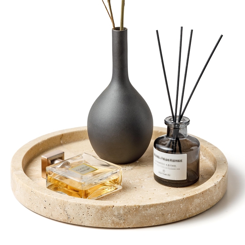 Round Vanity Tray Pitted Surface Travertine-like Wabi Sabi Styling
